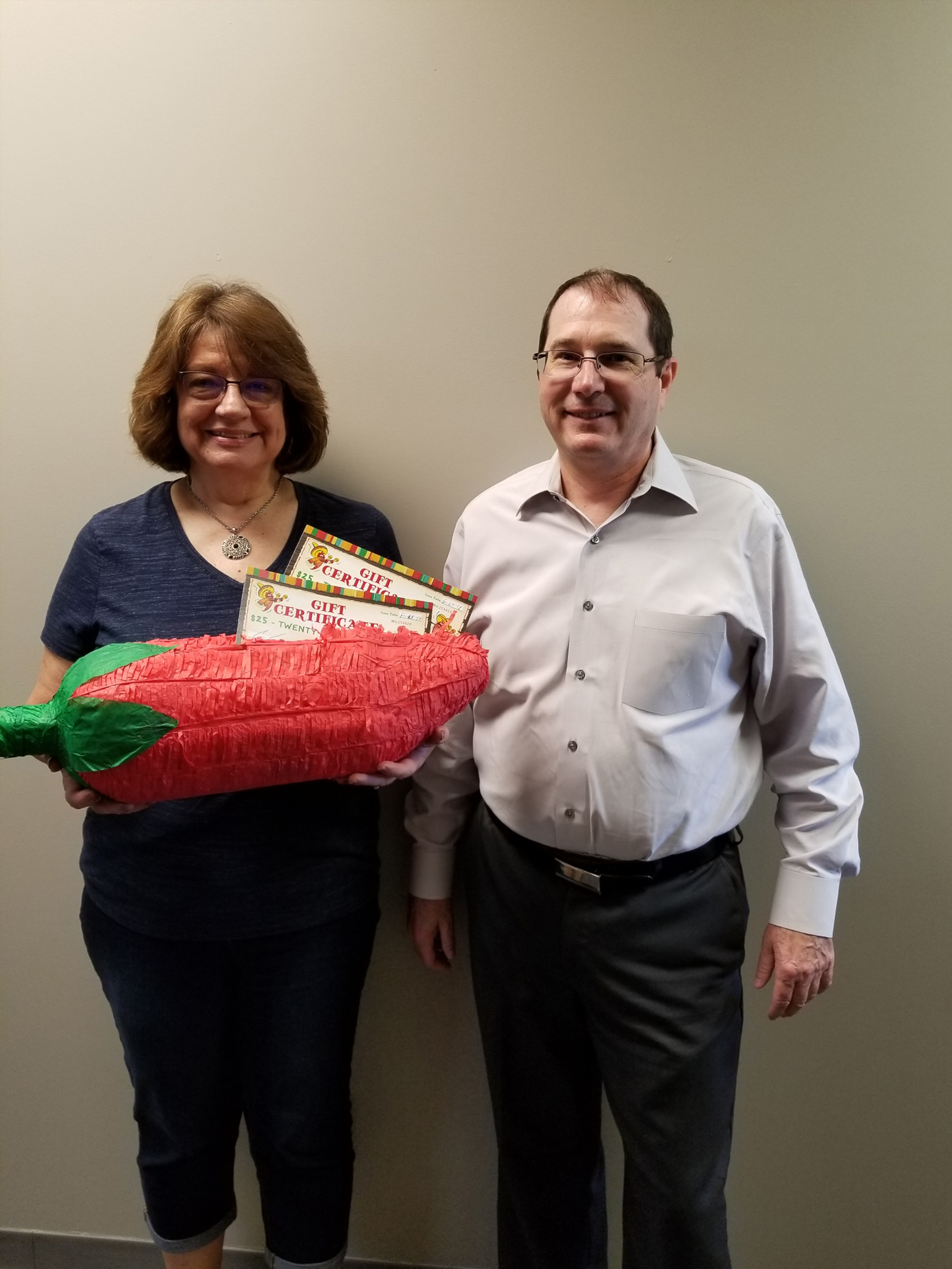 Congratulations to our Patient Appreciation contest winner Kathleen. She received a Fifty dollar gift
certificate to Jalapenos Restaurant.